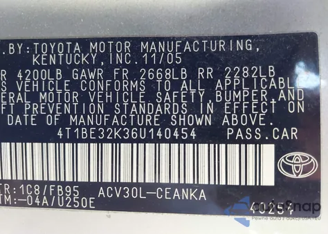 2006 Toyota Camry Le z USA, uszkodzony, nr VIN 4T1BE32K36U140454